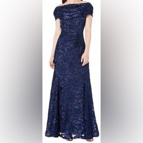 Tahari St. Levine Navy Blue Floral Burnout Velvet Cowl Neck Formal Gown Size 8 - Picture 2 of 11